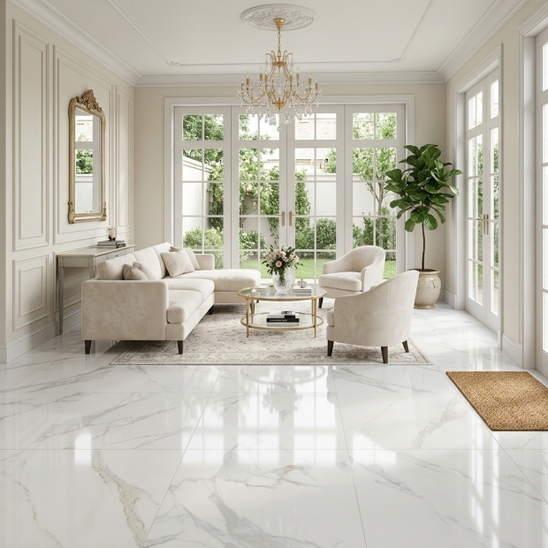 Gạch 80x80 bóng kính vân đá trắng xám AC40 cao cấp lát nền phòng khách