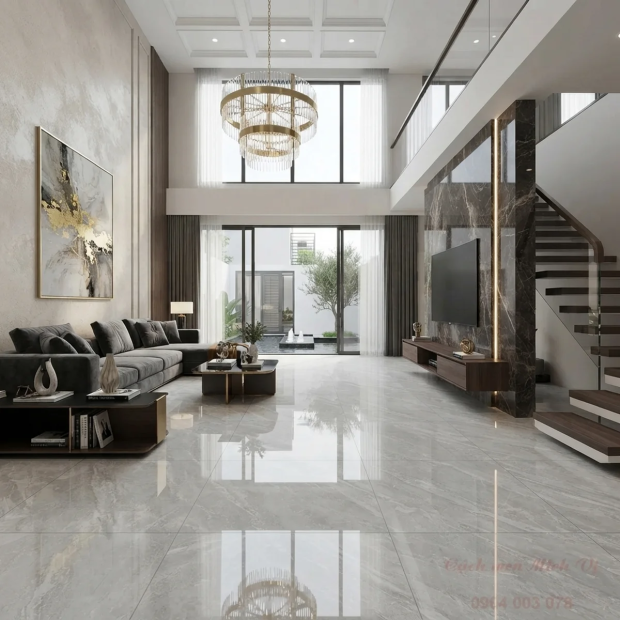Gạch 80x80 Bóng Kính Vân Đá Xám P8815 Lát Nền Phòng Khách Cao Cấp