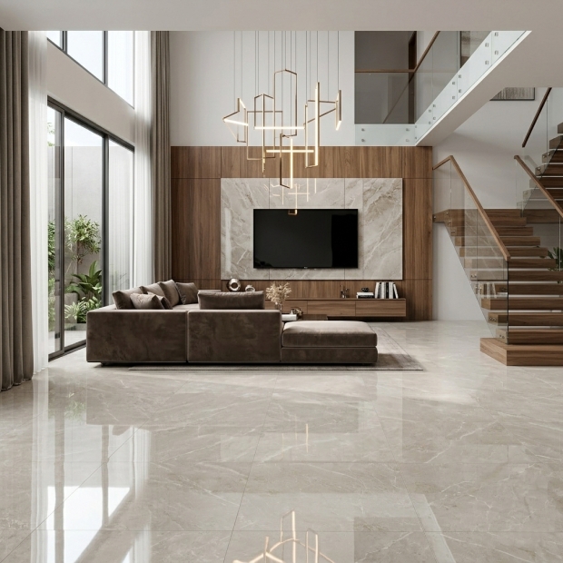 Gạch 80x80 bóng kính vân đá kem xám cao cấp lát nền phòng khách hiện đại (AC36)