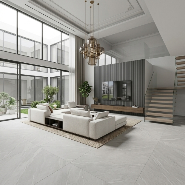 Gạch 80x80 Màu Xám Sáng Mờ Mịn TTC05 Lát Nền Phòng Khách Hiện Đại