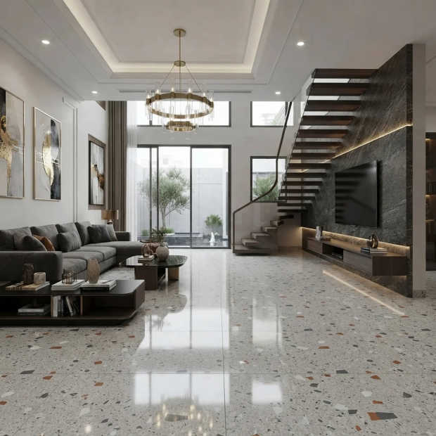 Gạch 80x80 Bóng Kính Terrazzo Trắng Hạt Nâu Xám P8814 Đẹp Hiện Đại 2026
