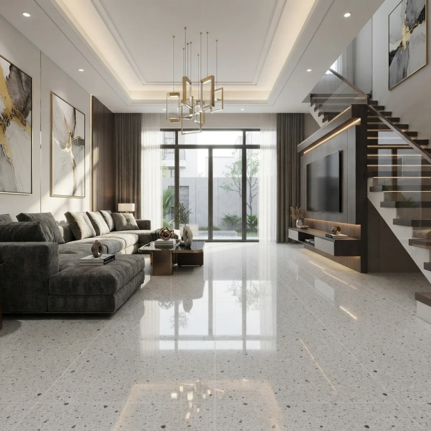 Gạch 80x80 Bóng Kính Terrazzo Trắng Hạt Xám Đen P8810 Hiện Đại 2026