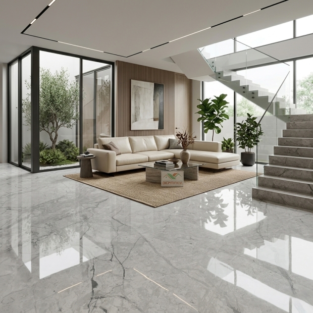 Gạch 80x80 bóng kính vân đá xám sáng cao cấp lát nền phòng khách (P04)