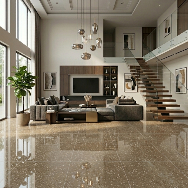 Gạch Lát Nền 80x80 Màu Nâu Be Bóng Kính Terrazzo TTC03 Sang Trọng
