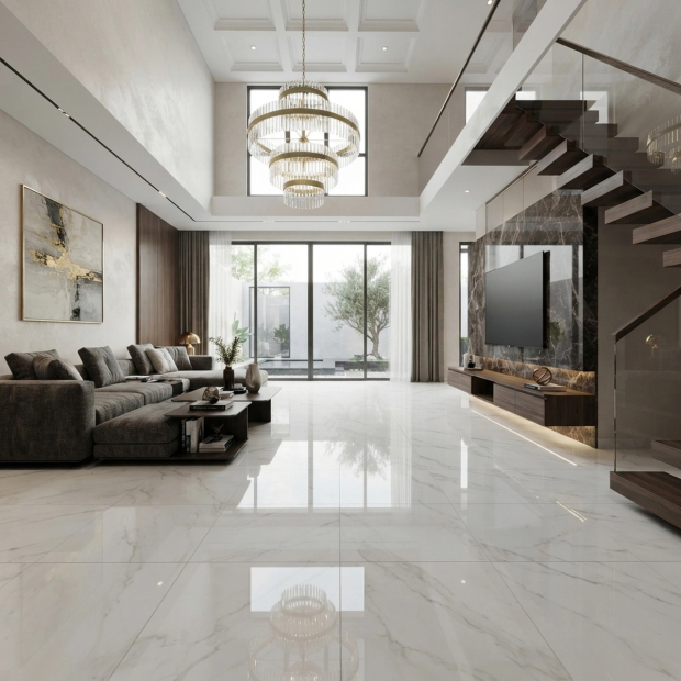 Gạch 80x80 bóng kính vân đá trắng vân mây xám P8818 lát nền phòng khách sang trọng