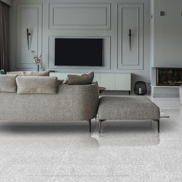 Gạch Terrazzo 80x80 Bóng Kính TTC01 Màu Ghi Sáng Hiện Đại