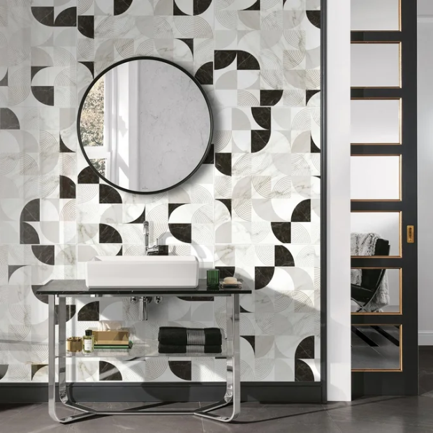 Gạch trang trí 80x80 bóng kính họa tiết hình học D8803 đen trắng hiện đại cho phòng khách