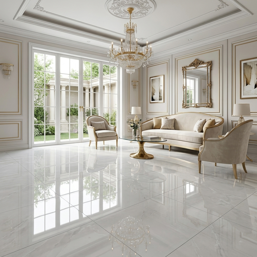 Gạch 80x80 bóng kính phối cảnh phòng khách hiện đại vân đá trắng xám
