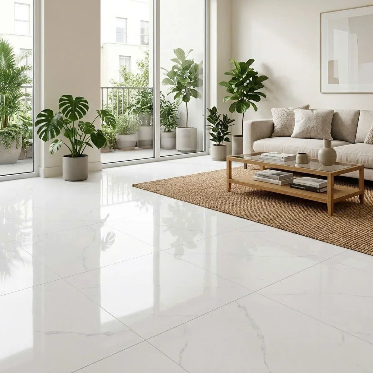 Gạch lát nền phòng khách 80x80 bóng kính trắng vân đá