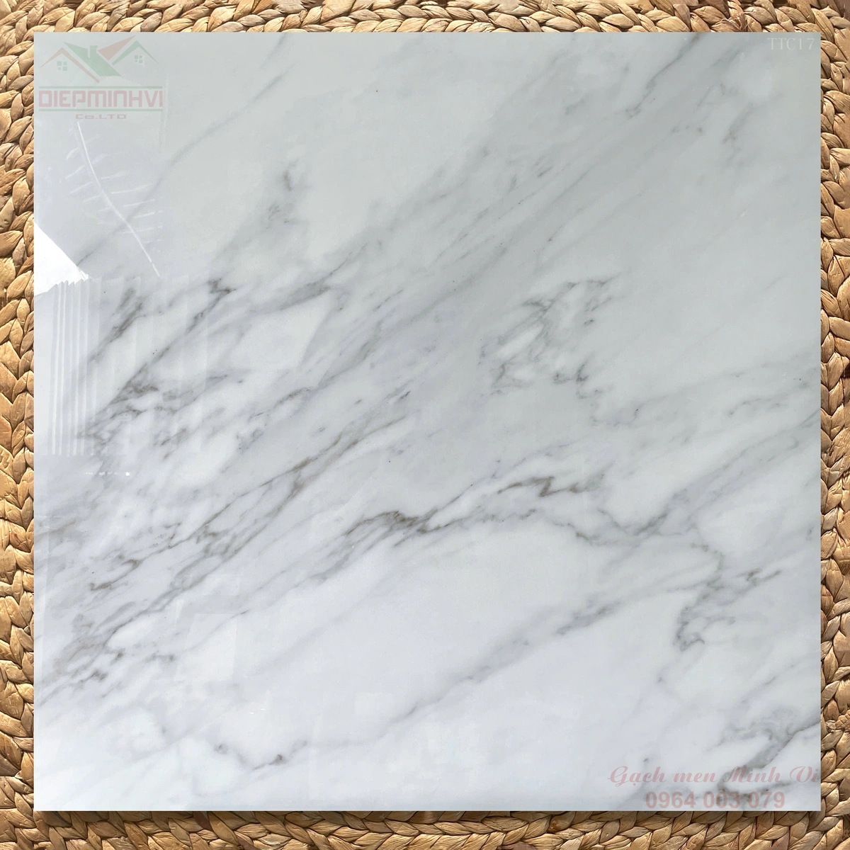 Gạch 80x80 bóng kính vân đá trắng vân mây xám P8817 lát nền phòng khách sang trọng