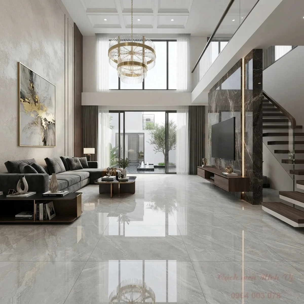 Phòng khách hiện đại sử dụng gạch 80x80 bóng kính vân đá xám nhạt tạo không gian rộng và sang trọng