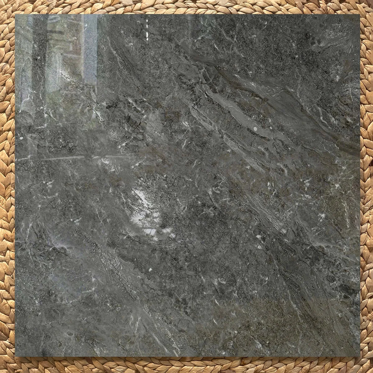 Gạch 80x80 bóng kính vân đá xám đậm P8816 lát nền phòng khách hiện đại cao cấp