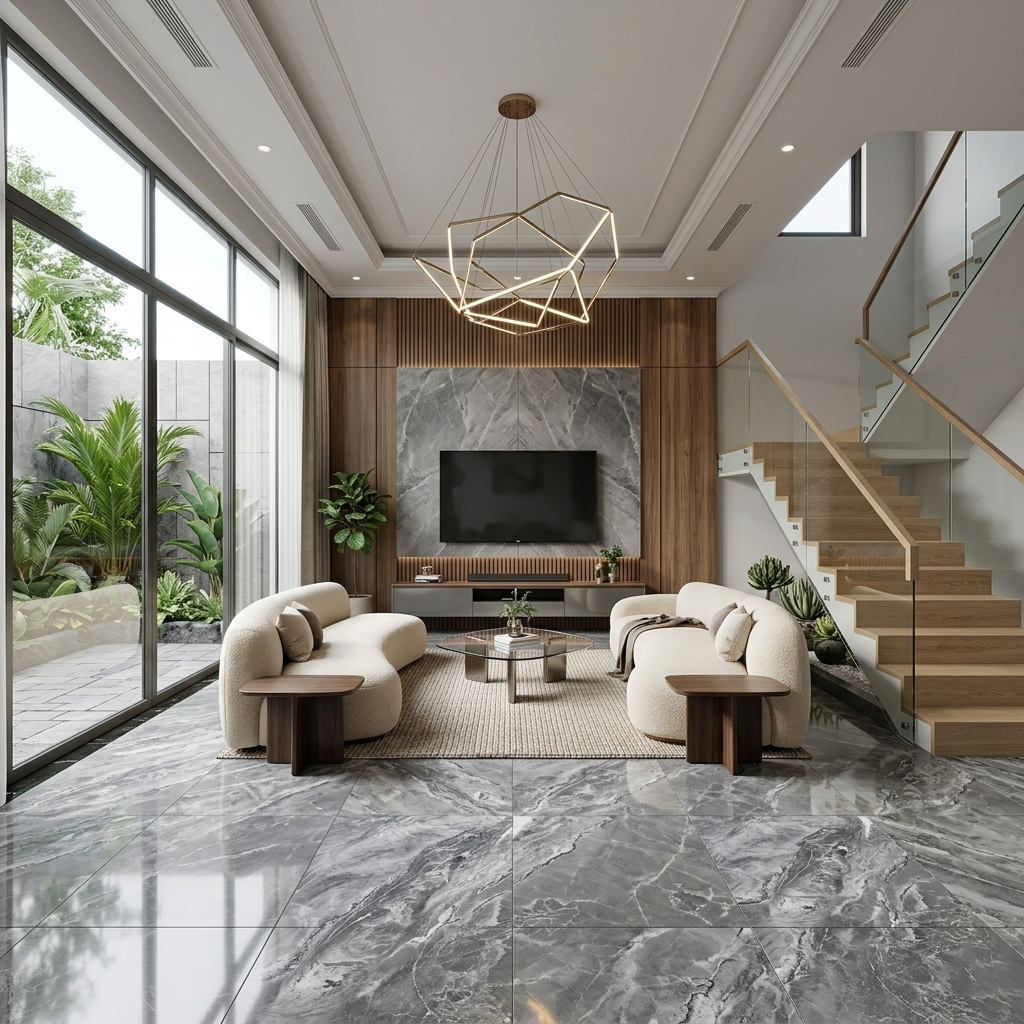 Phòng khách lát gạch 80x80 bóng kính vân đá xám đậm 31EQ hiện đại cao cấp