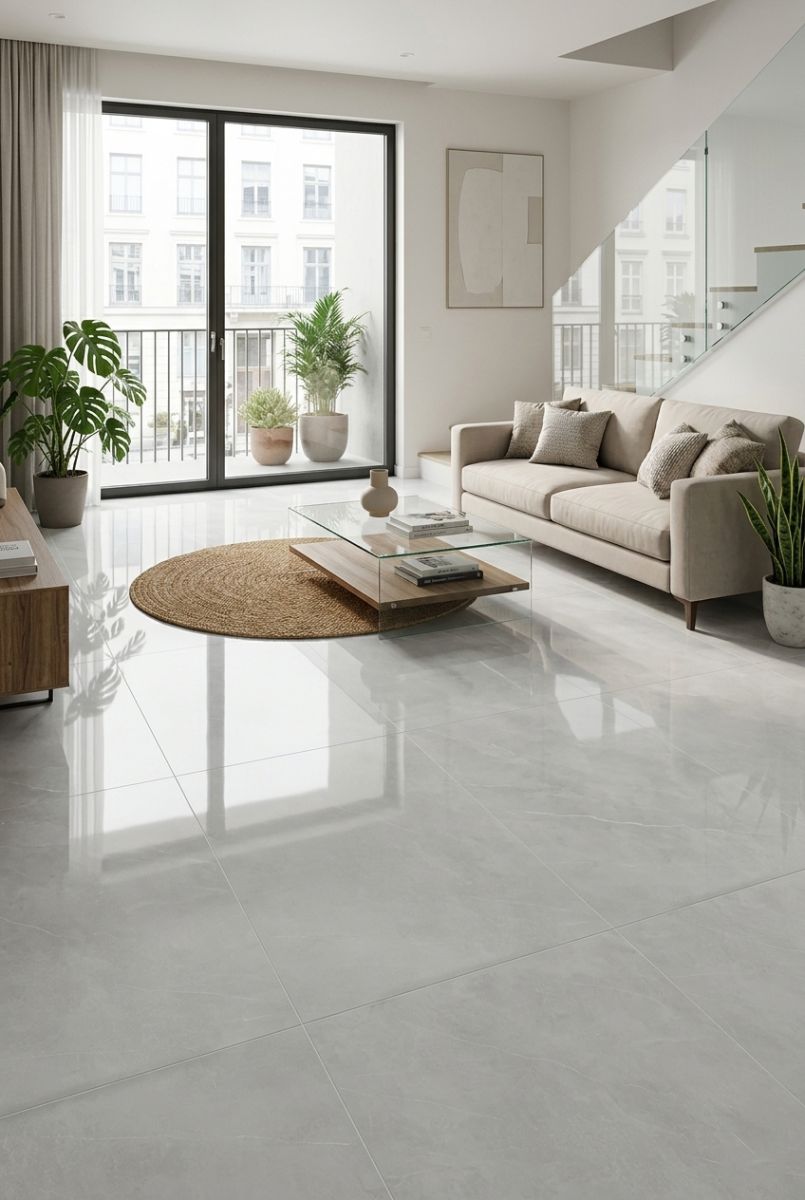 gạch 80x80 bóng kính vân đá xám nhạt mang đến không gian thanh lịch