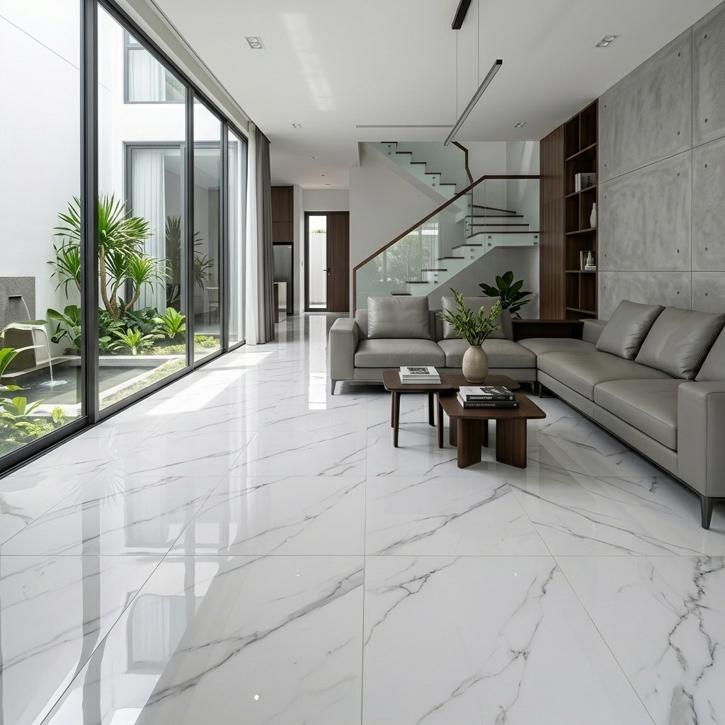 Phối cảnh phòng khách sử dụng gạch 80x80 bóng kính vân trắng khói 37EQ