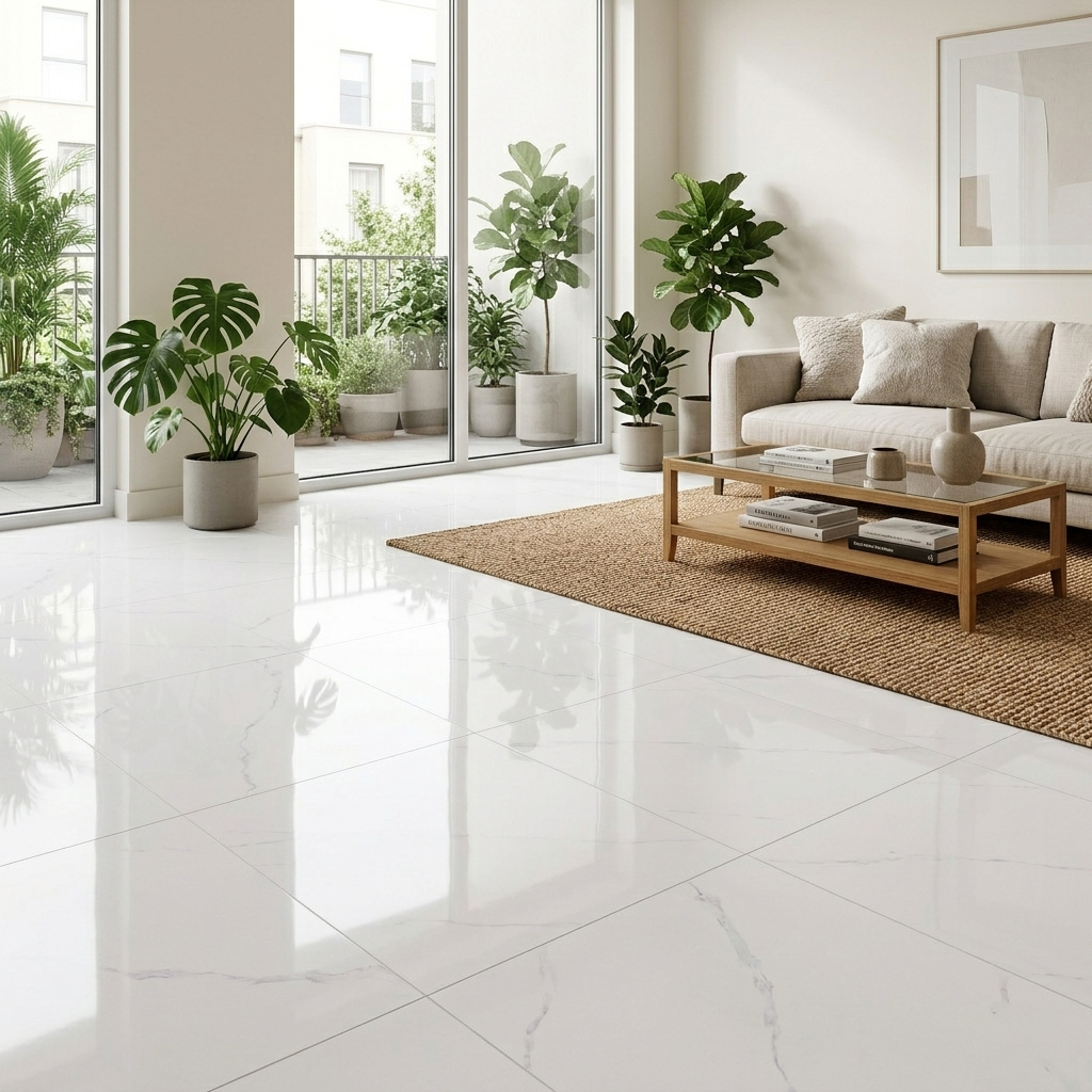 Gạch 80x80 bóng kính vân trắng khói sang trọng hiện đại