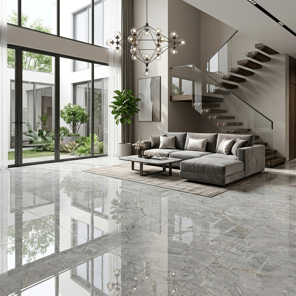 Gạch 80x80 bóng kính vân đá xám sáng lát nền phòng khách hiện đại sang trọng