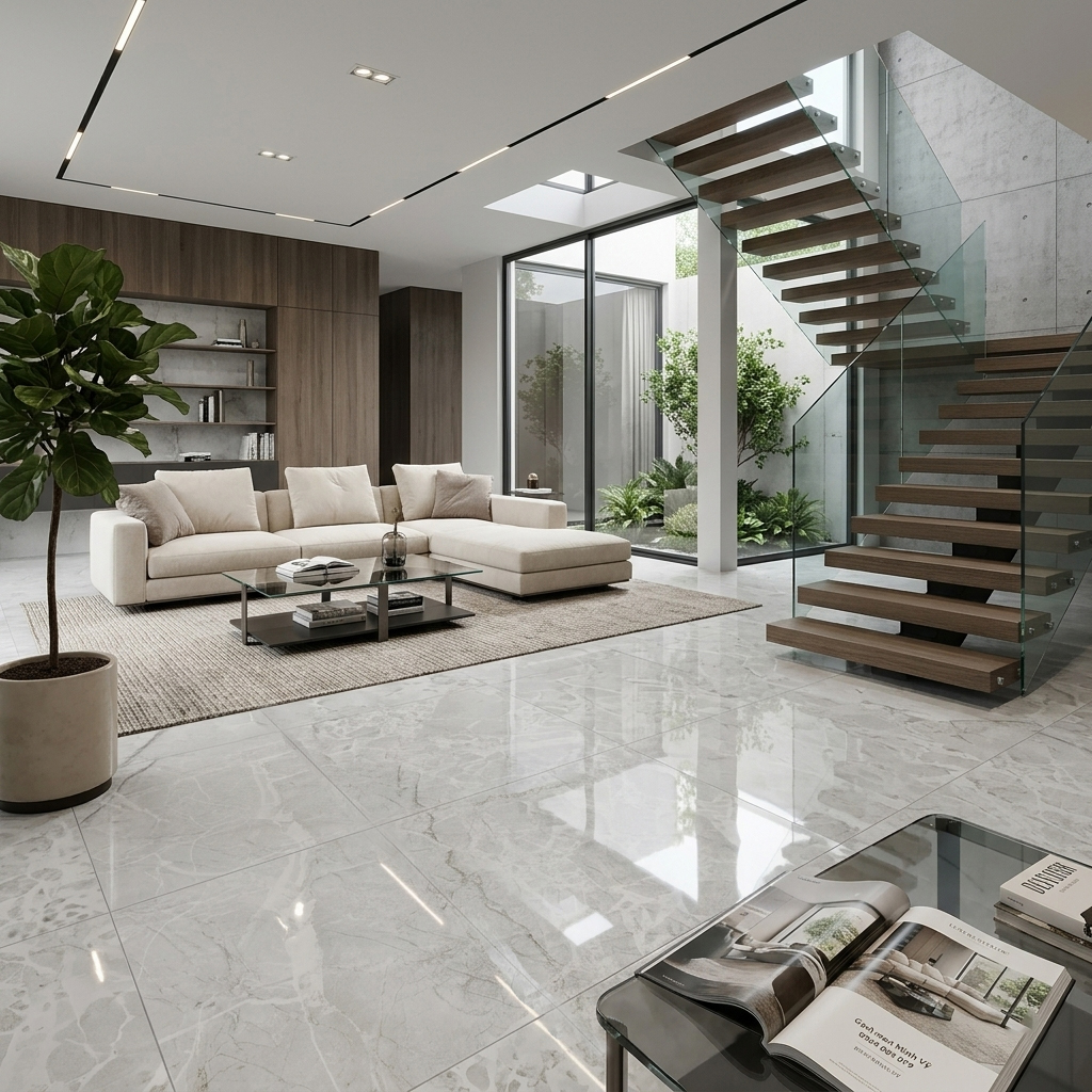 Gạch 80x80 bóng kính xám sáng vân đá tự nhiên lát phòng khách