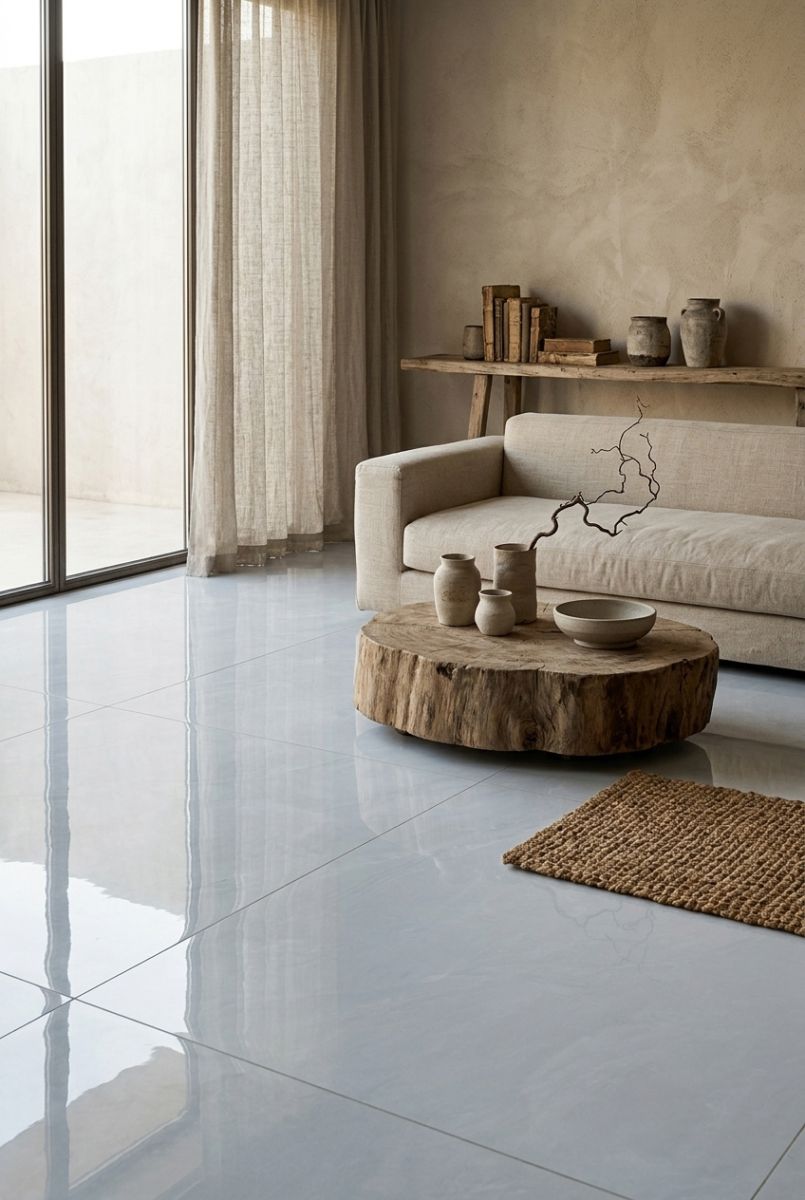 ỨNG DỤNG PHONG CÁCH THIẾT KẾ WABISABI VỚI GẠCH BÓNG KÍNH 80X80 XÁM VÂN MÂY 