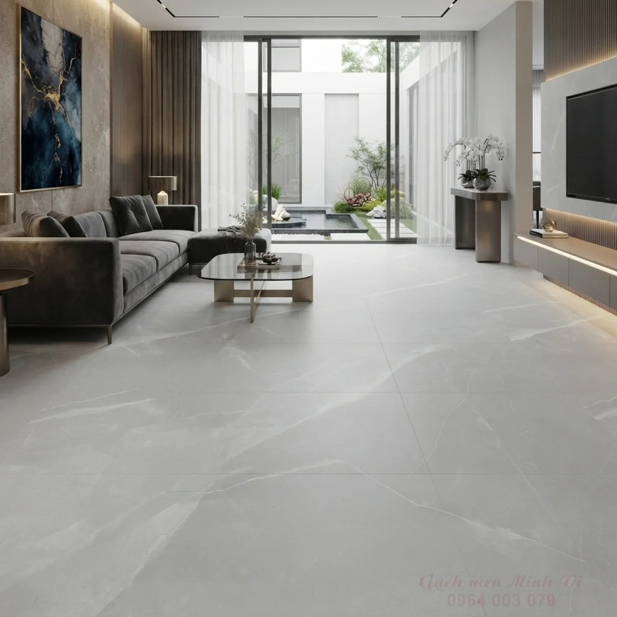 Gạch 80x80 màu kem MN820 men mờ carving lát nền phòng khách hiện đại