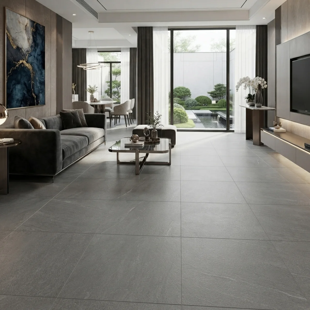 Gạch 80x80 màu xám men mờ hiệu ứng carving lát nền phòng khách hiện đại