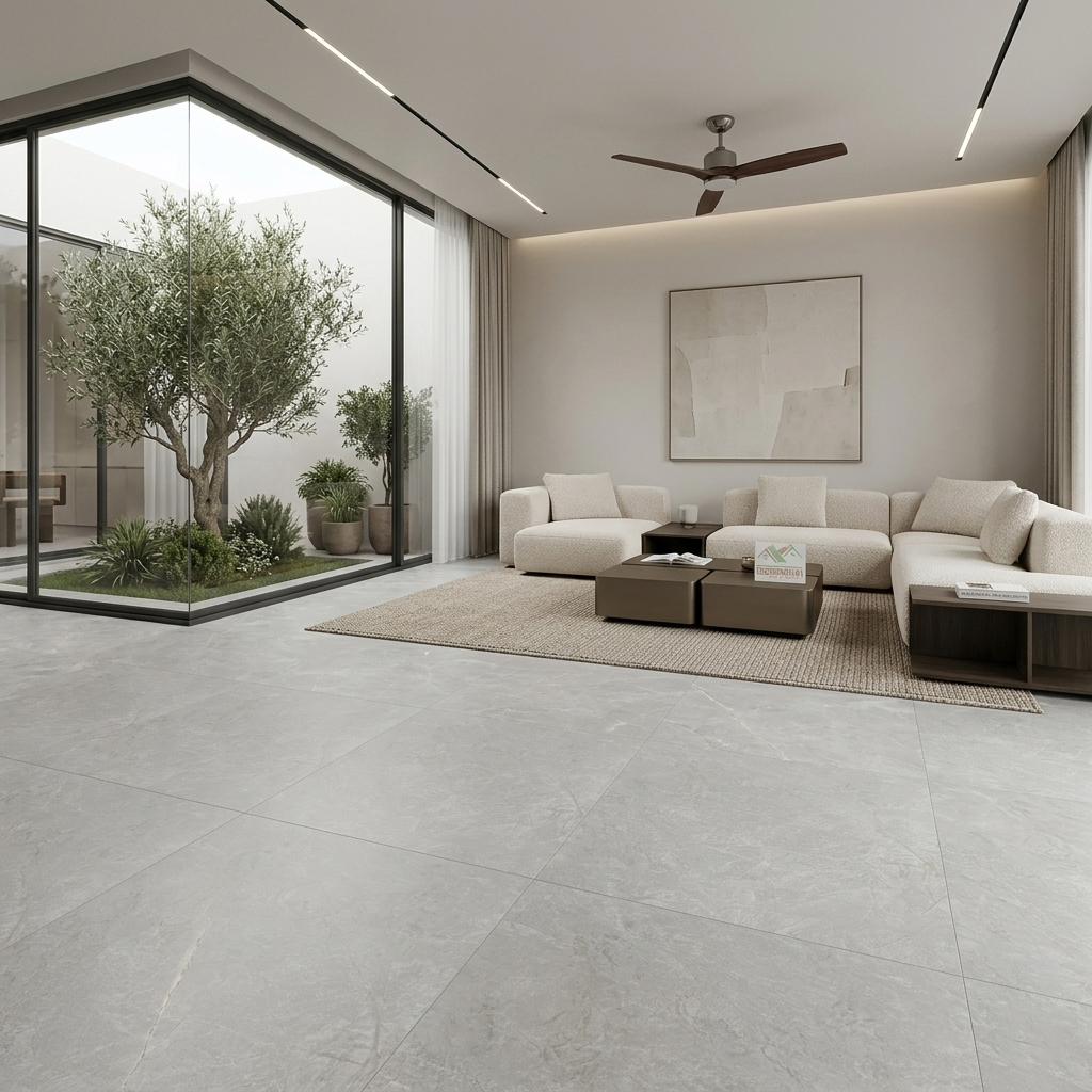 Gạch 80x80 men matt vân đá xám tạo sự sang trọng hiện đại cho phòng khách