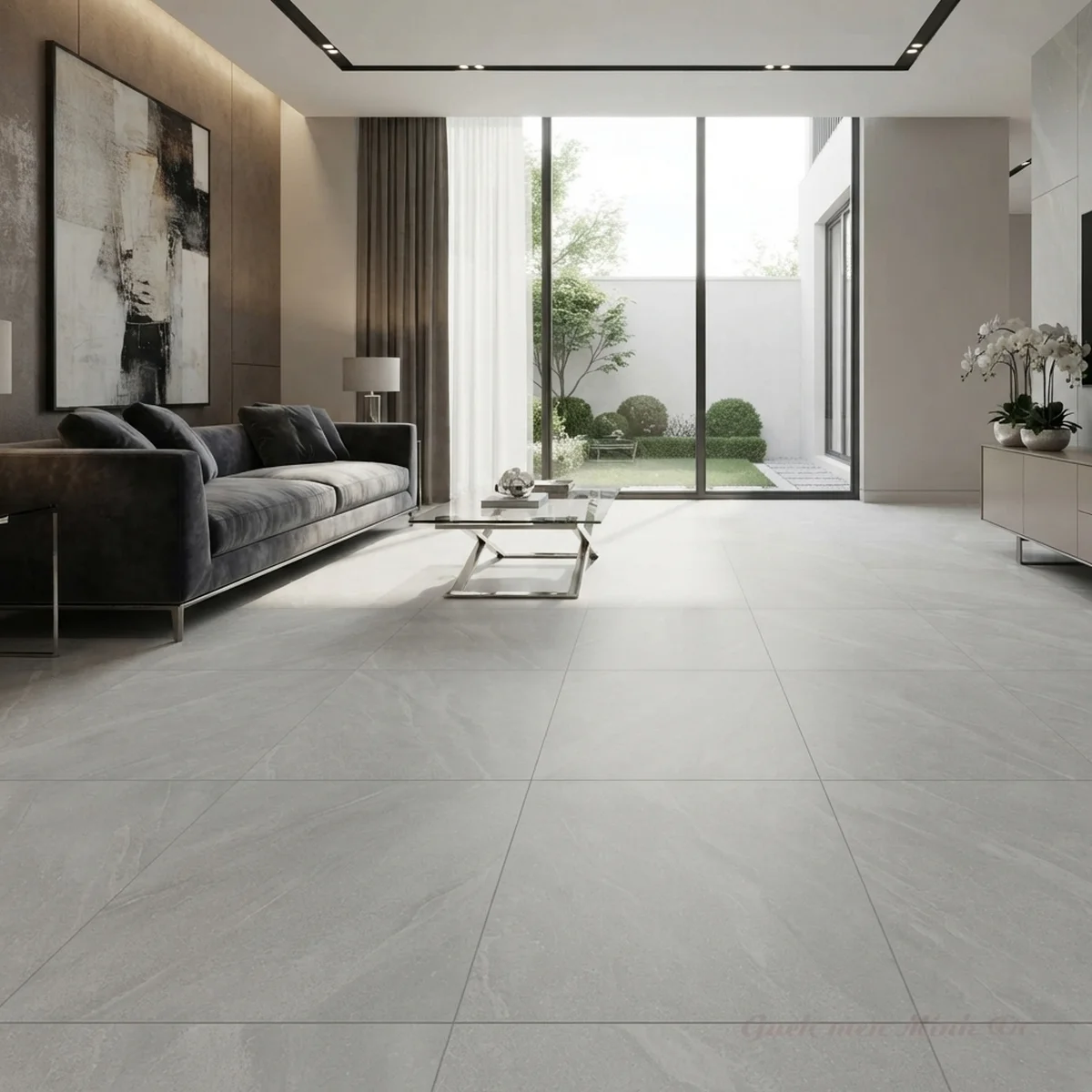 Gạch 80x80 men mờ hiệu ứng carving vân đá lát nền phòng khách hiện đại