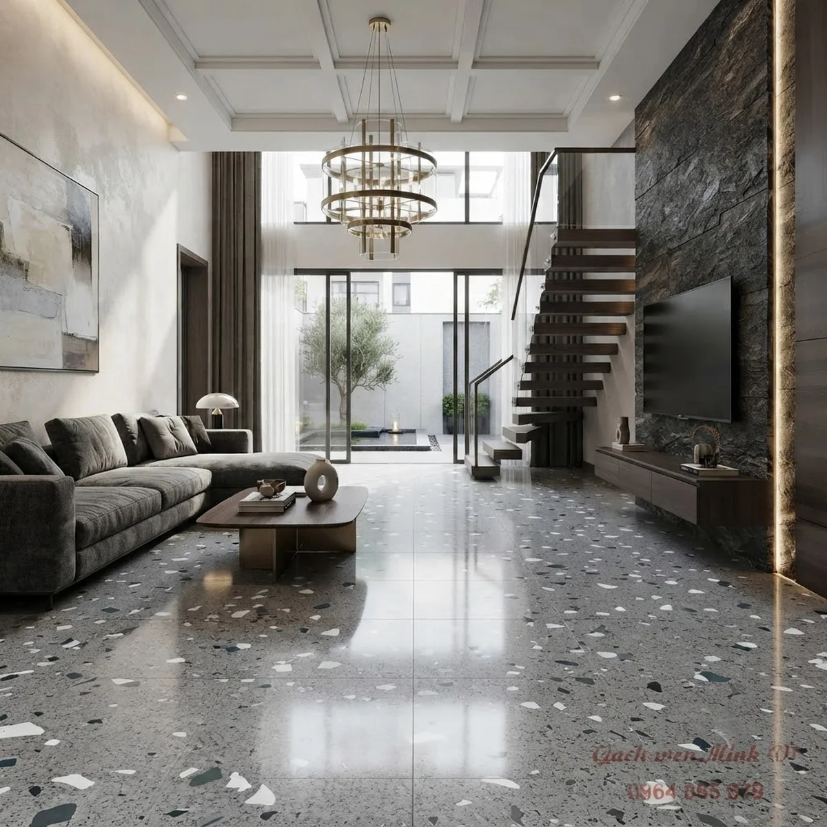 Phòng khách lát gạch 80x80 bóng kính Terrazzo nền xám hạt đá lớn phong cách hiện đại