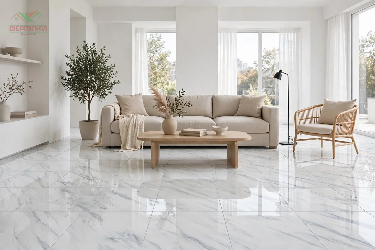 Phối cảnh phòng khách lát gạch 80x80 trắng vân đá xanh bóng kính MV852