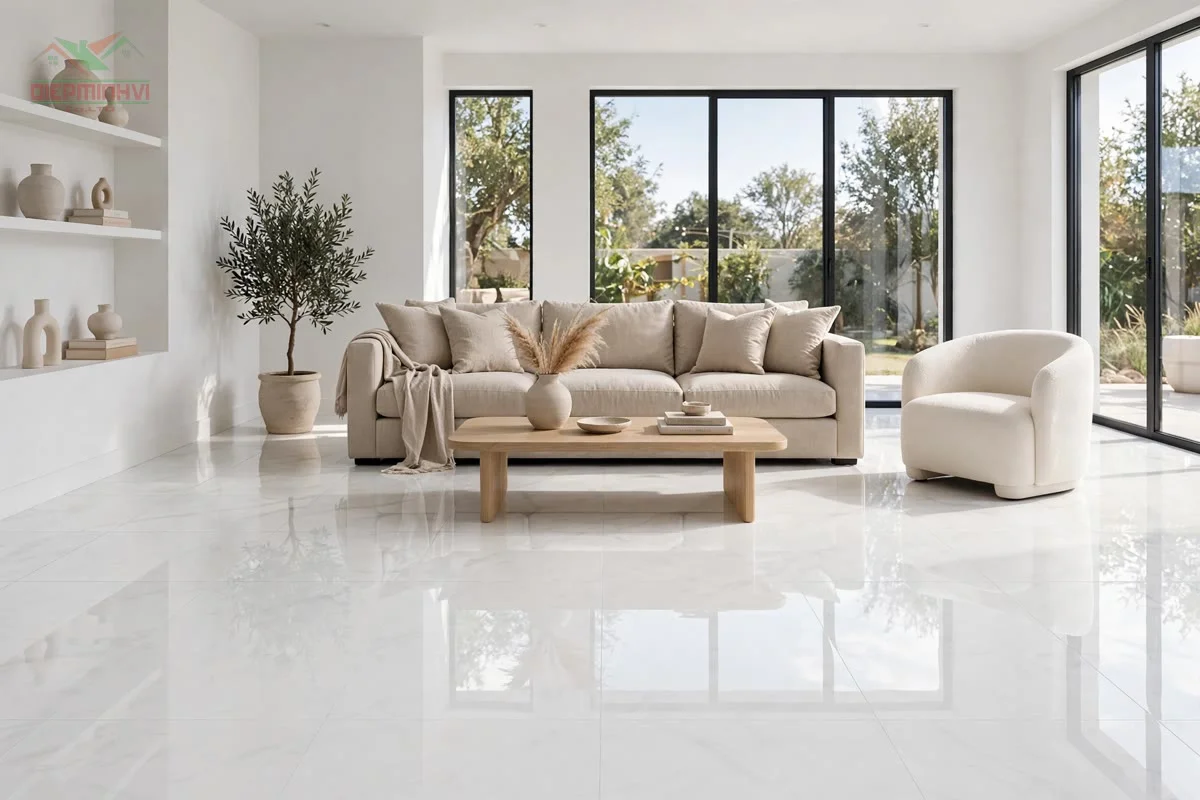 Phối cảnh phòng khách lát gạch 80x80 trắng vân mây bóng kính MV860
