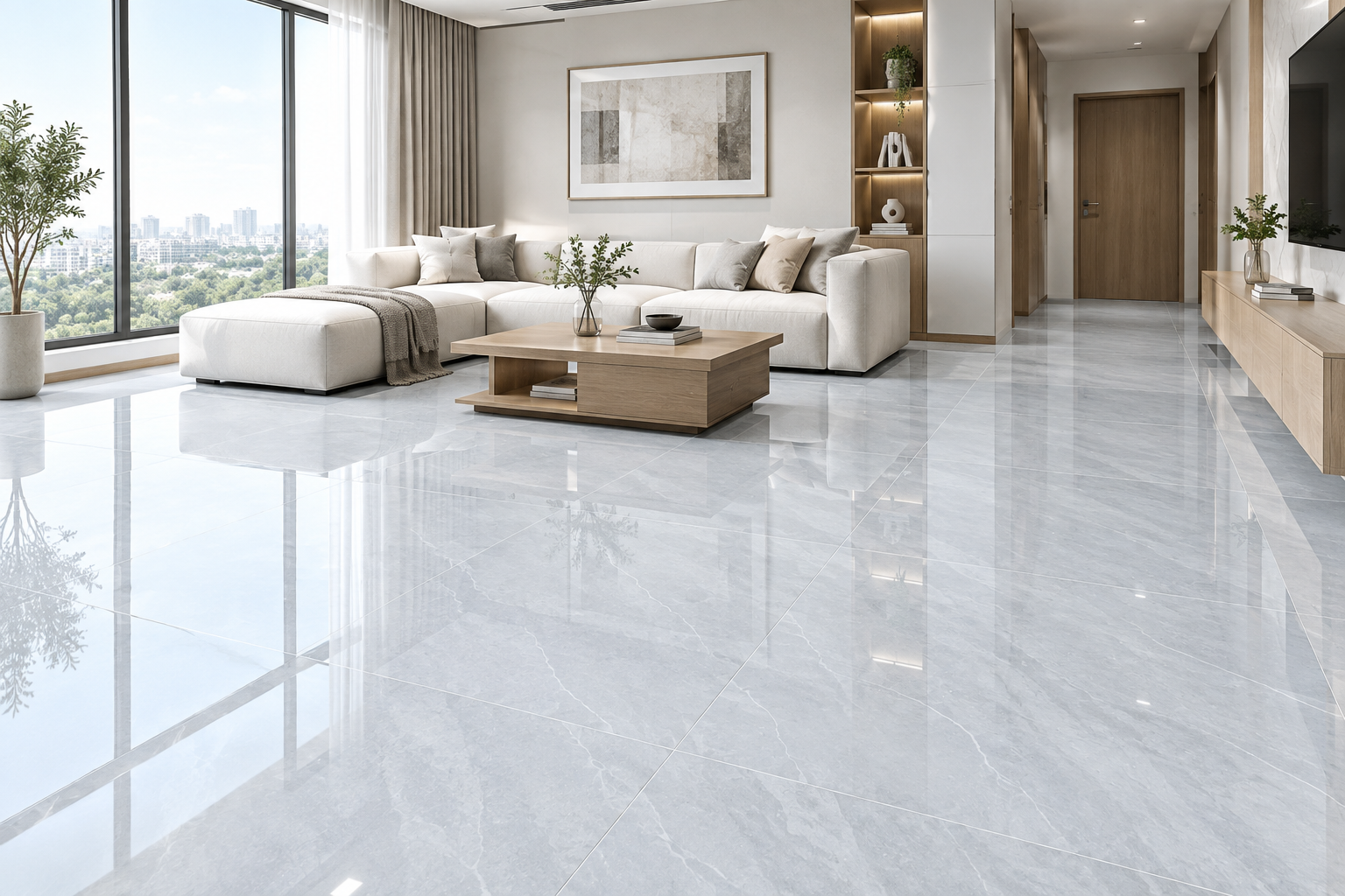 Phối cảnh phòng khách lát gạch 80x80 trắng xám vân đá bóng kính MV806