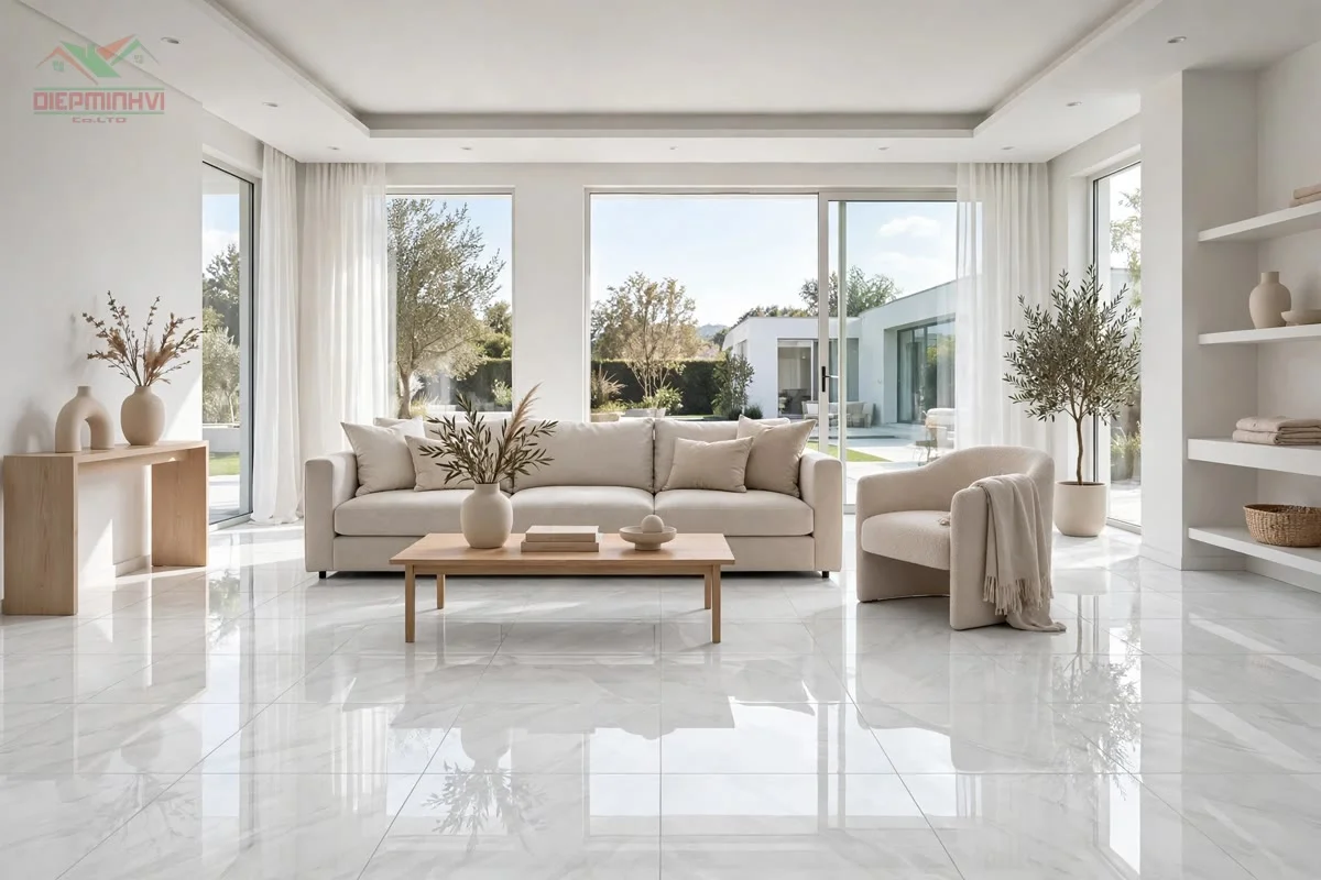 Phối cảnh phòng khách lát gạch 80x80 trắng vân đá bóng kính MV857