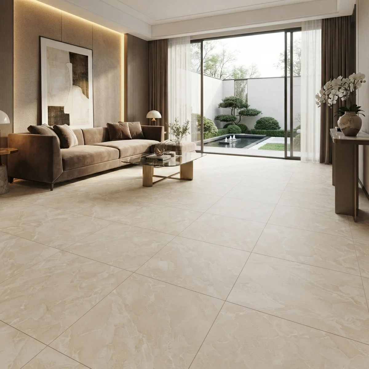 Gạch 80x80 màu vàng kem MN818 lát nền phòng khách phong cách hiện đại