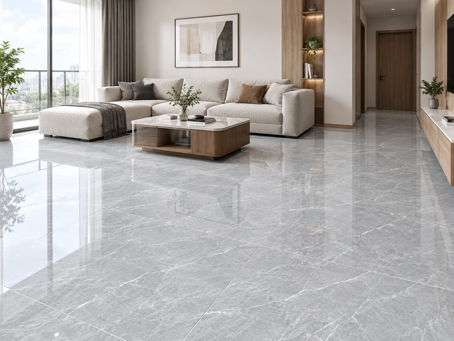 Phối cảnh phòng khách lát gạch 80x80 xám lạnh vân đá bóng kính
