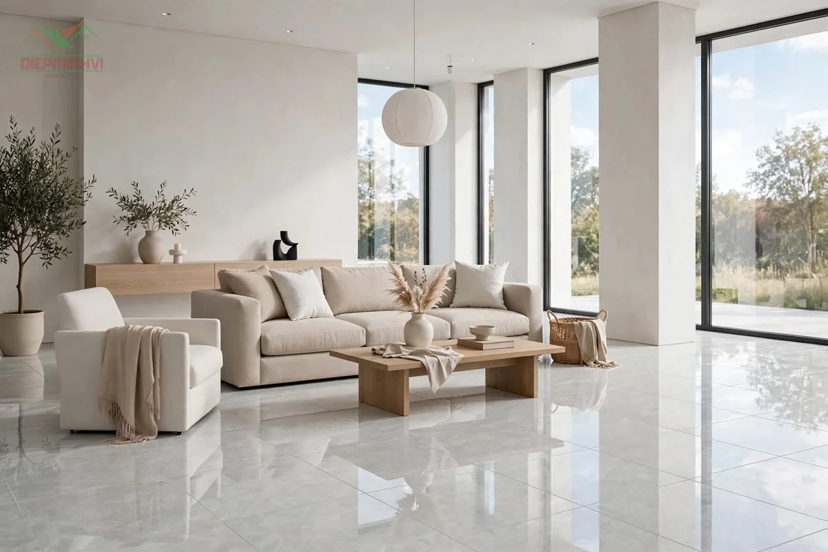 Phối cảnh phòng khách lát gạch lát nền 80x80 xám nhạt vân mây MV859