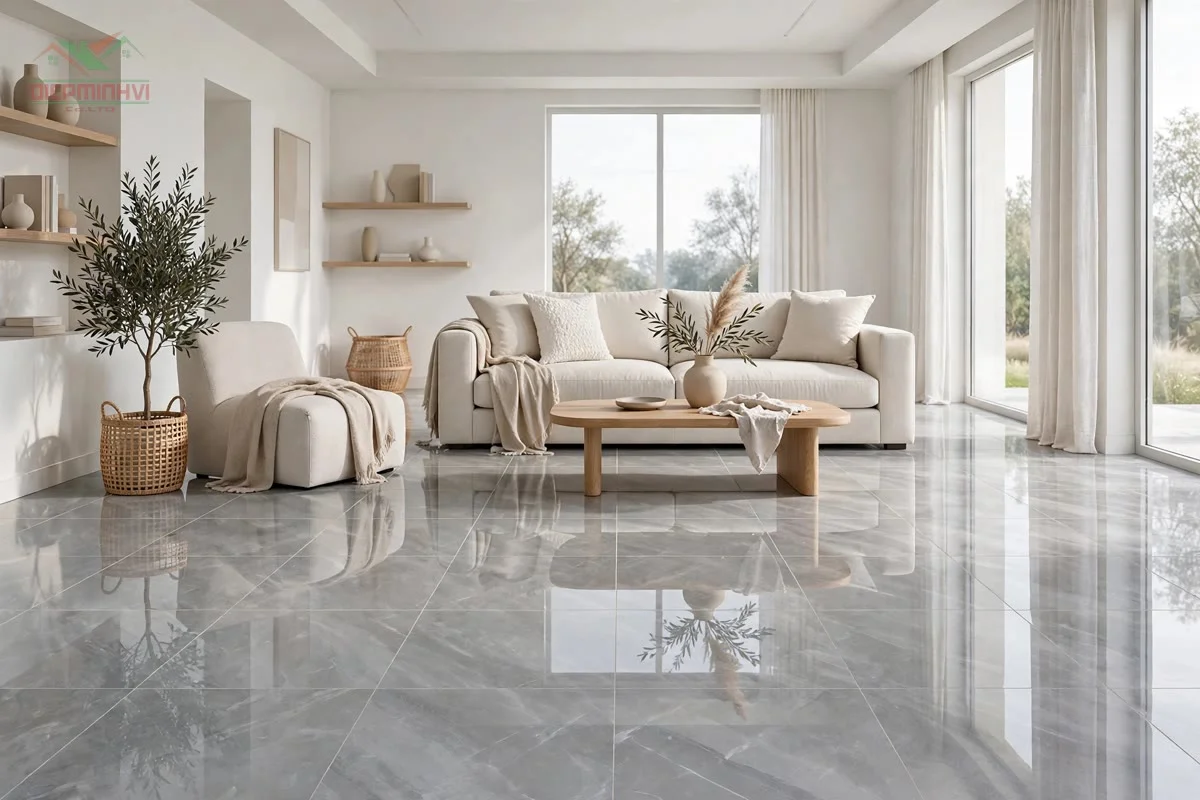 Phối cảnh phòng khách lát gạch lát nền 80x80 vân đá xám bóng kính MV854
