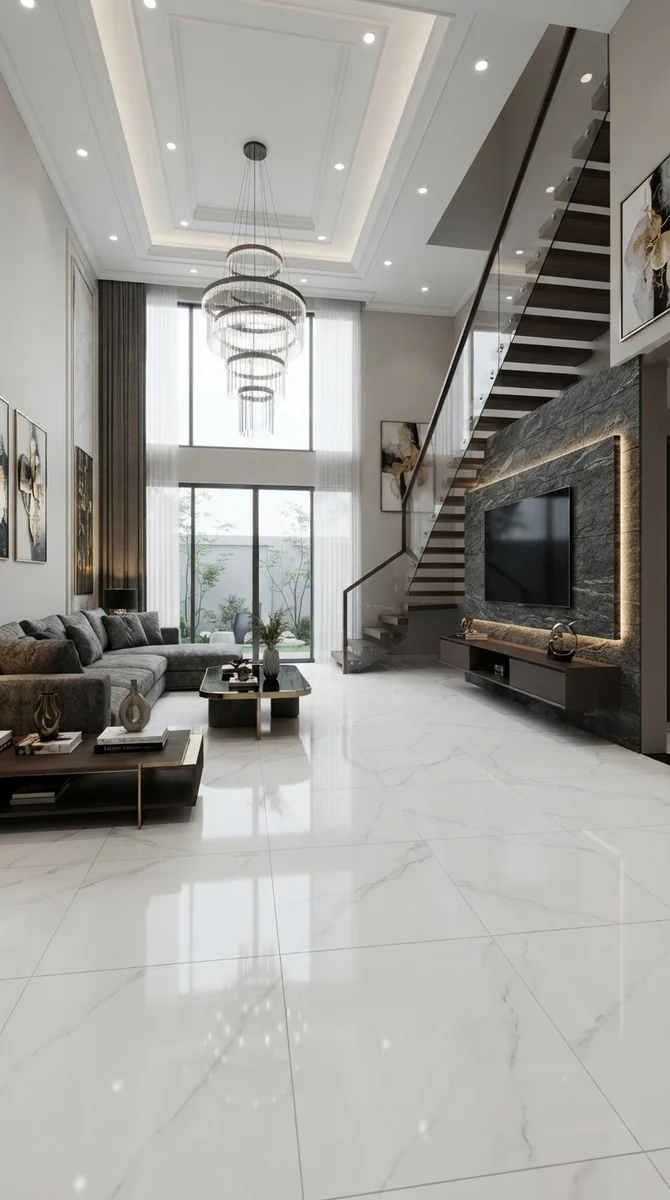 Gạch bóng kính 80x80 trắng vân khói lát phòng khách hiện đại
