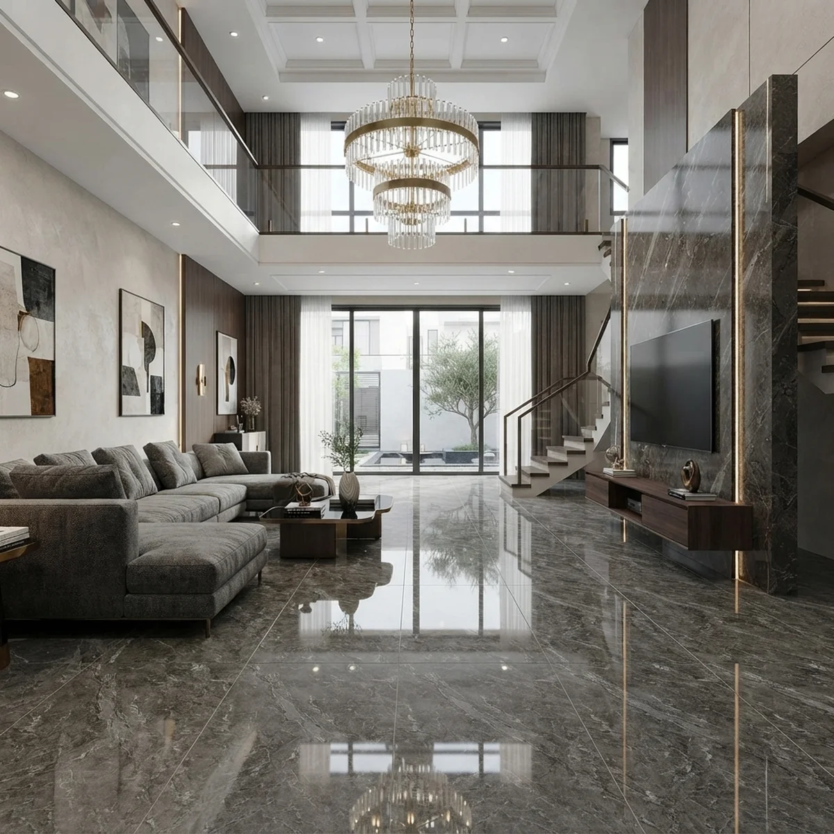 Phòng khách lát gạch bóng kính 80x80 vân đá màu xám đậm sang trọng hiện đại