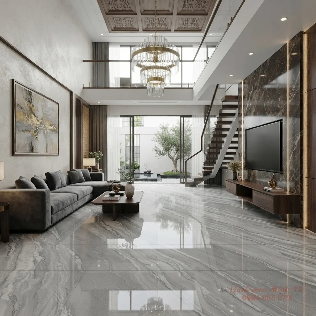 Gạch bóng kính 80x80 vân đá xám lát nền phòng khách hiện đại sang trọng