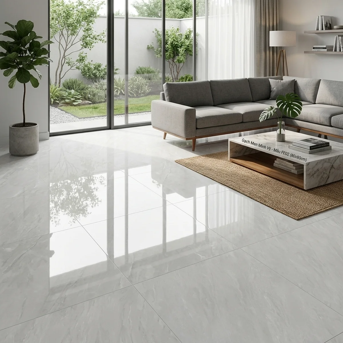 Phòng khách lát gạch bóng kính 80x80 vân đá xám sáng sang trọng, không gian rộng và hiện đại