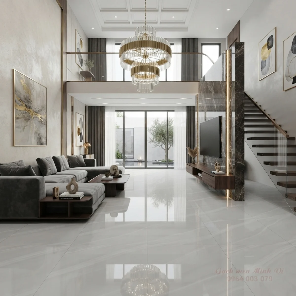 Phòng khách lát gạch bóng kính 80x80 vân Onyx trắng xám sang trọng hiện đại