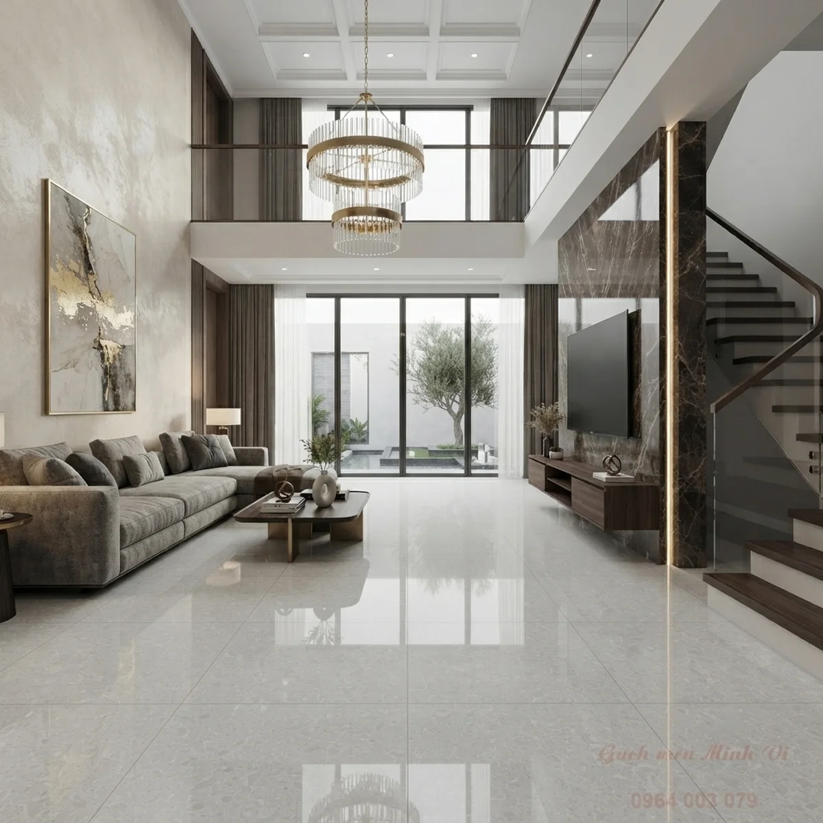 Phòng khách sử dụng gạch bóng kính 80x80 vân xà cừ màu trắng xám sang trọng