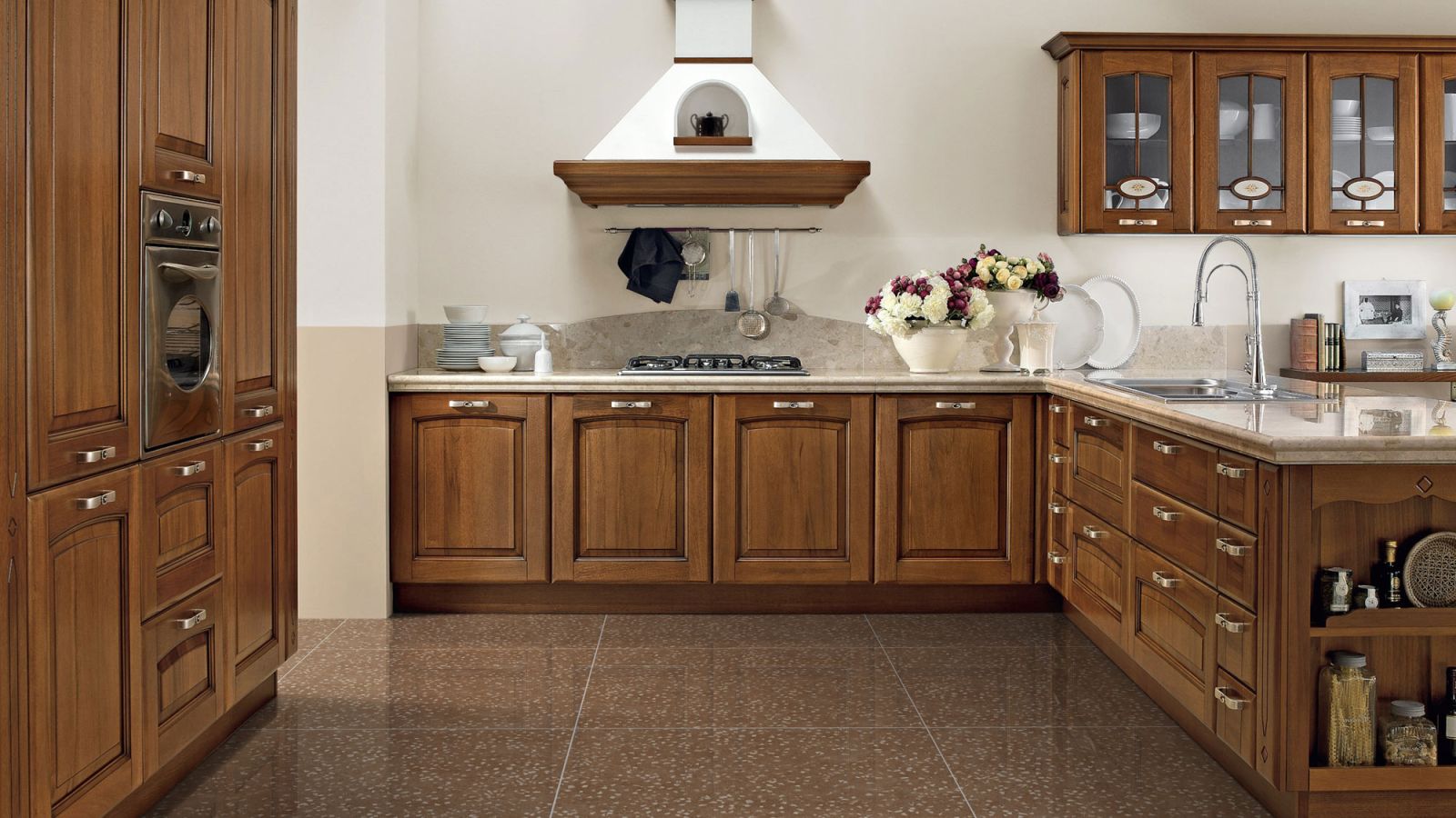 Gạch lát nền 80x80 màu nâu be bóng kính terrazzo ứng dụng nhà bếp hiện đại