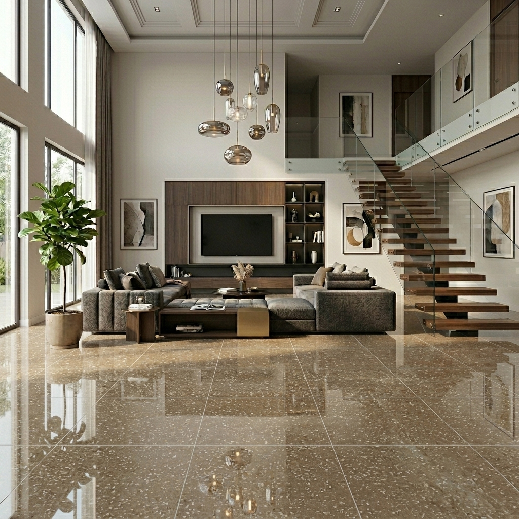 Gạch lát nền 80x80 màu nâu be bóng kính terrazzo ứng dụng phòng khách hiện đại