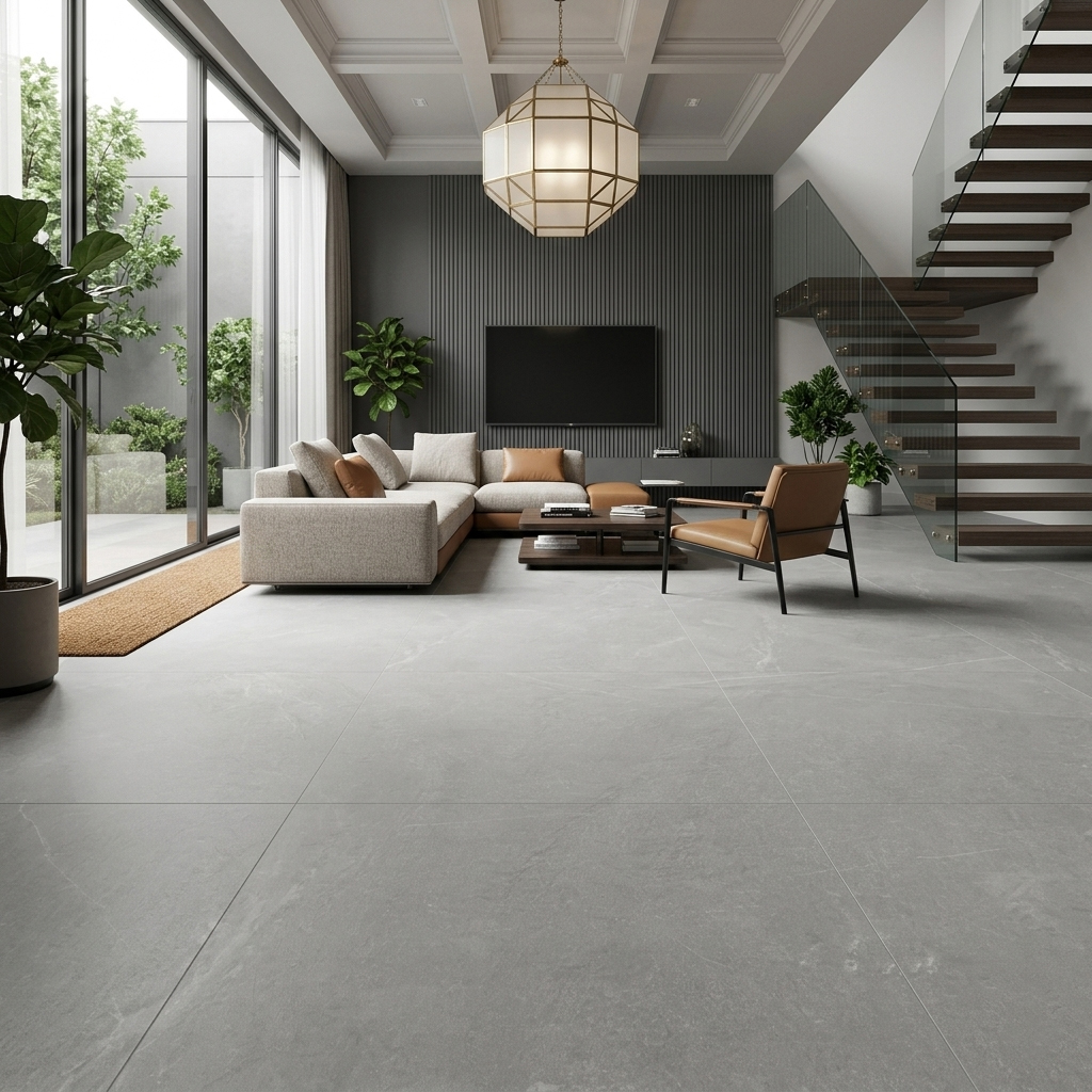 Gạch lát nền 80x80 mờ mịn màu xám ghi ứng dụng cho phòng khách hiện đại