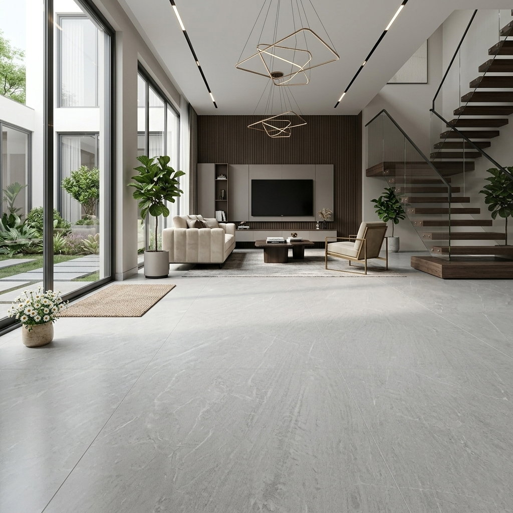 Gạch lát nền 80x80 mờ mịn màu xám nhạt ứng dụng phòng khách hiện đại