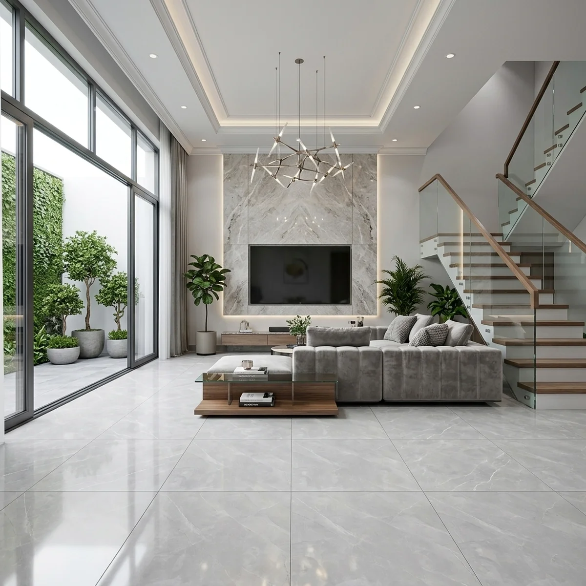 Phòng khách sử dụng gạch bóng kính 80x80 vân đá xám 