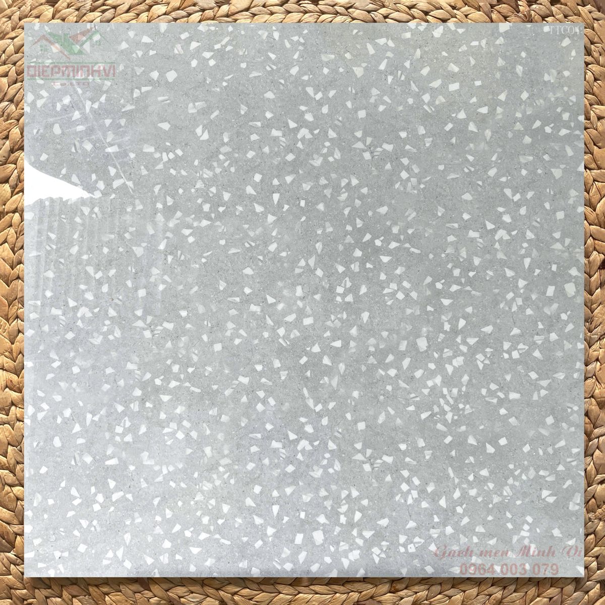 Gạch terrazzo 80x80 bóng kính màu ghi sáng TTC01 họa tiết đá mài hiện đại