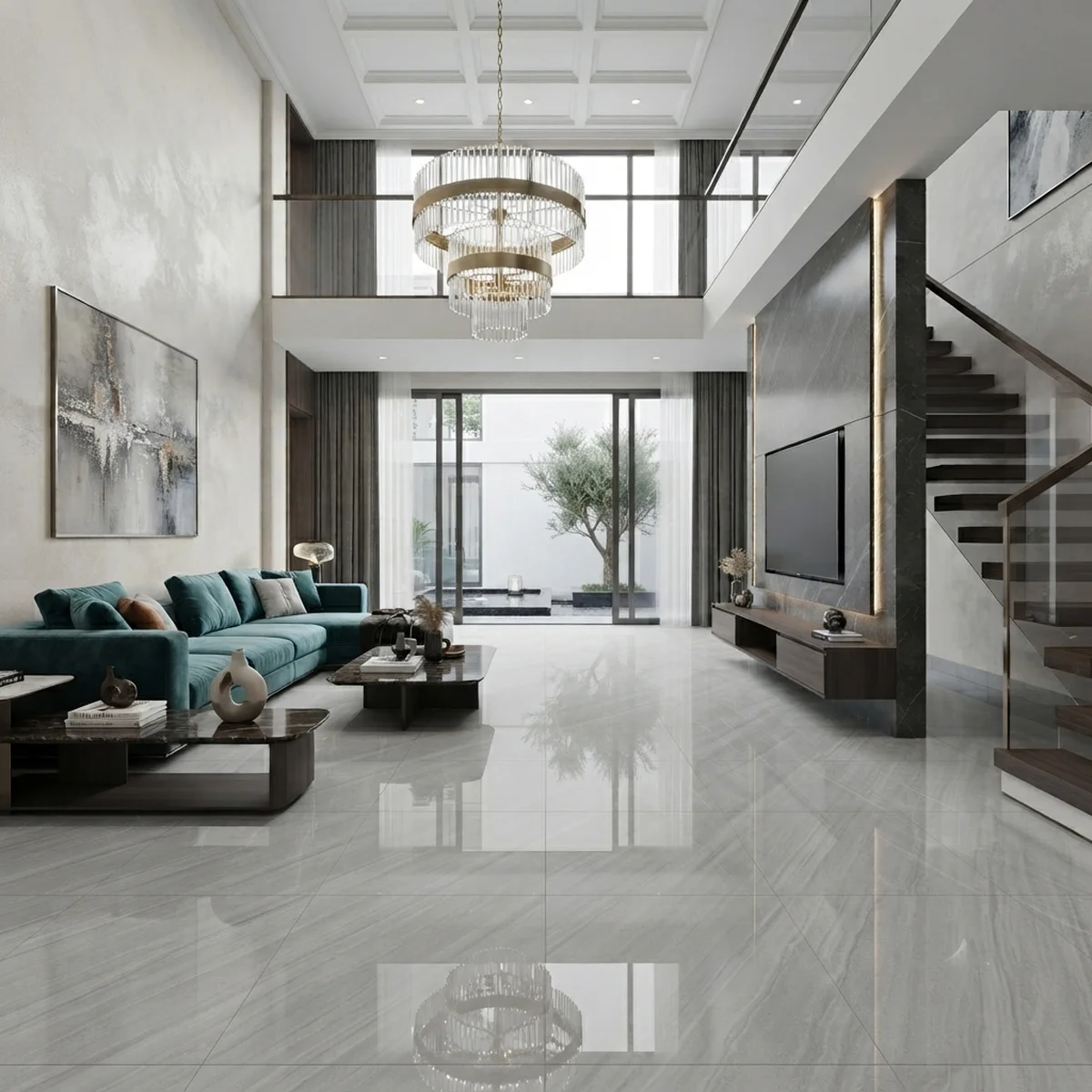 Phòng khách lát gạch Viglacera 80x80 bóng kính vân đá xám trắng