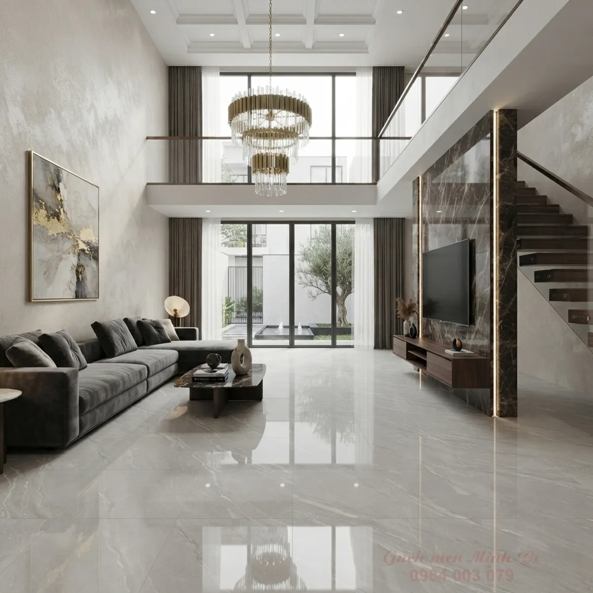 Gạch Viglacera 80x80 bóng kính vân đá trắng lát phòng khách